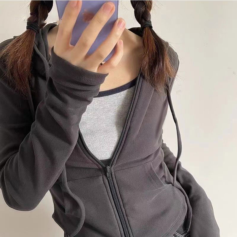 Derong hot girl style hooded cardigan sweatshirt jacket for women 2023 spring and autumn slim slim long-sleeved short top trendy