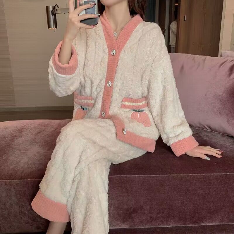 新款珊瑚絨睡衣女秋冬加厚加絨法蘭絨甜美學生家居服可外穿套裝