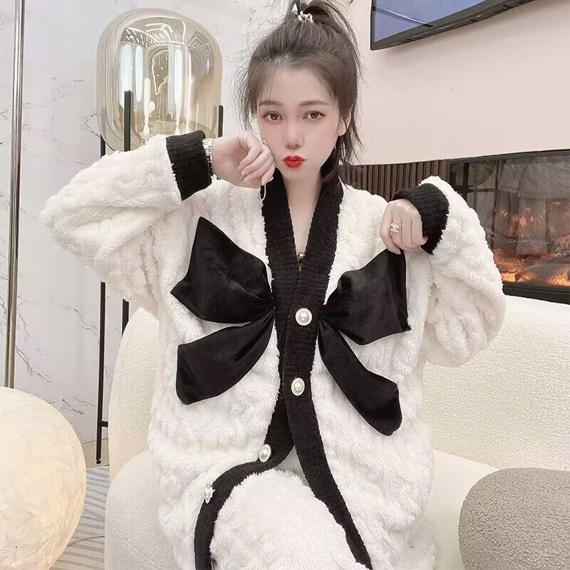珊瑚絨冬季睡衣女長袖蝴加厚保暖甜美家居服兩件套套裝可愛居家