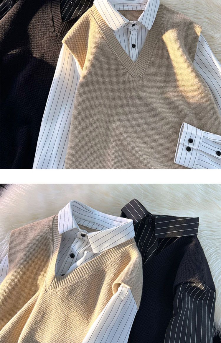 Chaleco de punto y camisa para hombre estilo británico chic_voghion.com