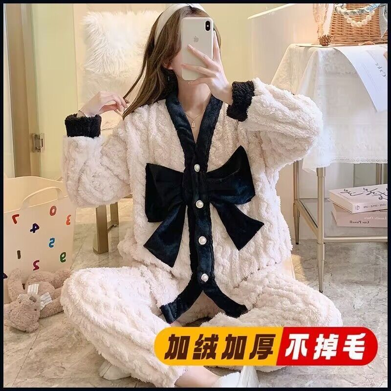 珊瑚絨冬季睡衣女長袖蝴加厚保暖甜美家居服兩件套套裝可愛居家