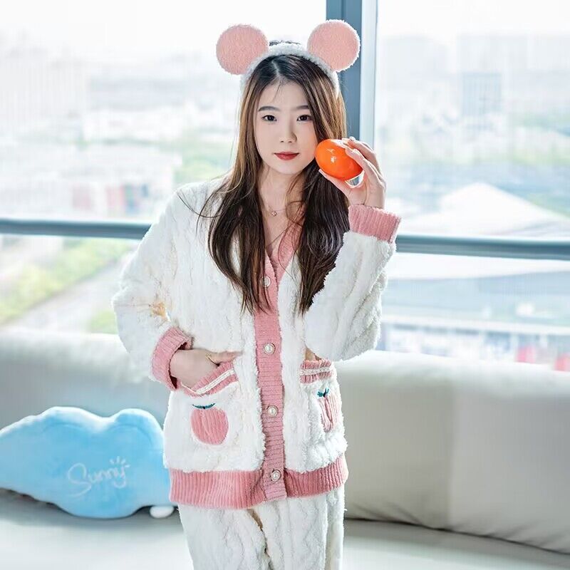 睡衣女法蘭絨秋冬季加厚可愛韓版宿舍珊瑚絨家居服套裝可外穿學生