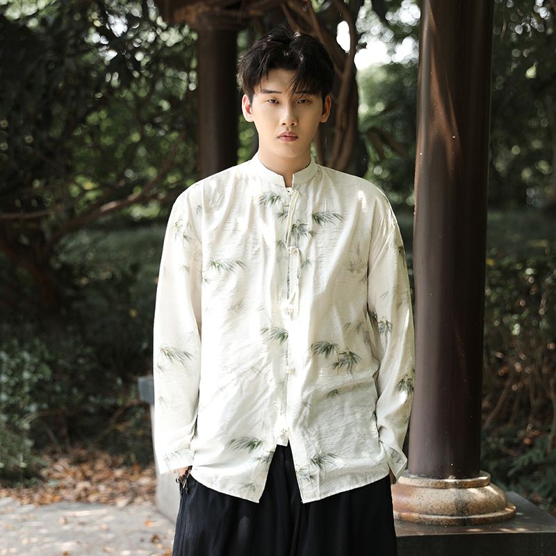 竹子男春秋季漢服中國風男裝長袖冰絲襯衫休閒寬鬆中山裝大碼上衣