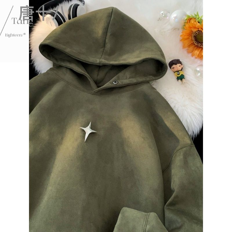 麂皮絨衛衣男款春秋季美式復古重磅潮牌痞帥學生寬鬆休閒連帽外套
