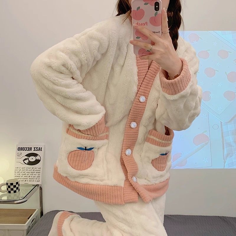 秋冬睡衣女小香風珊瑚絨加厚保暖冬季簡約休閒家居服法蘭絨套裝