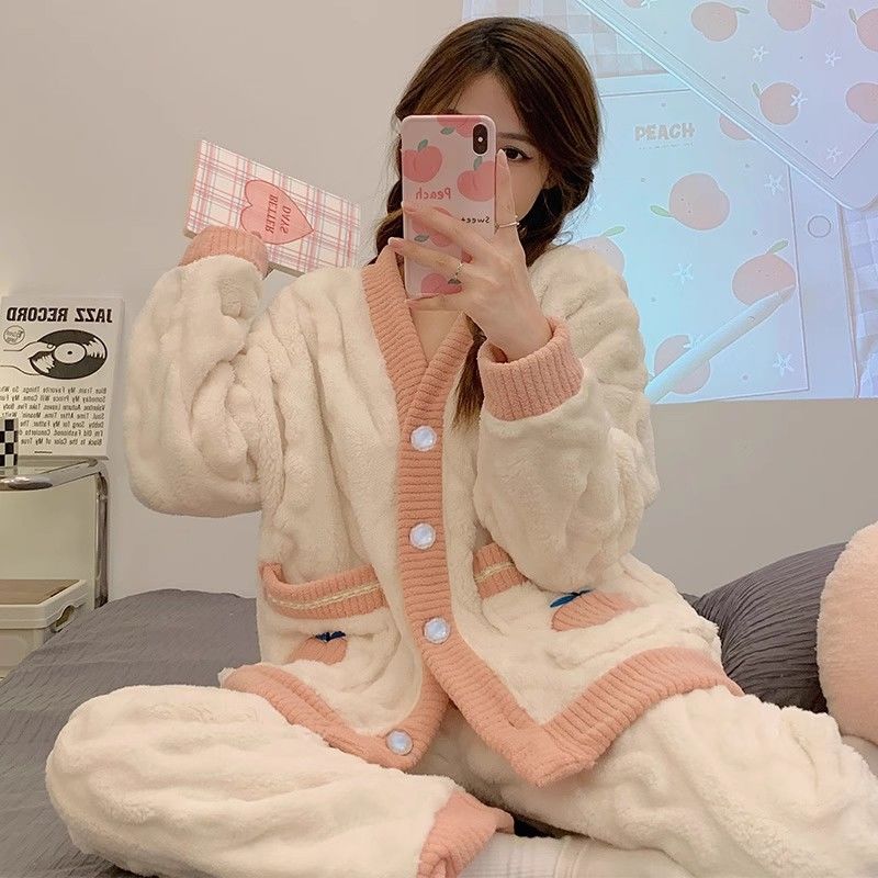 冬季睡衣女珊瑚絨加絨加厚保暖套裝簡約學生甜美法式慵懶風家居服