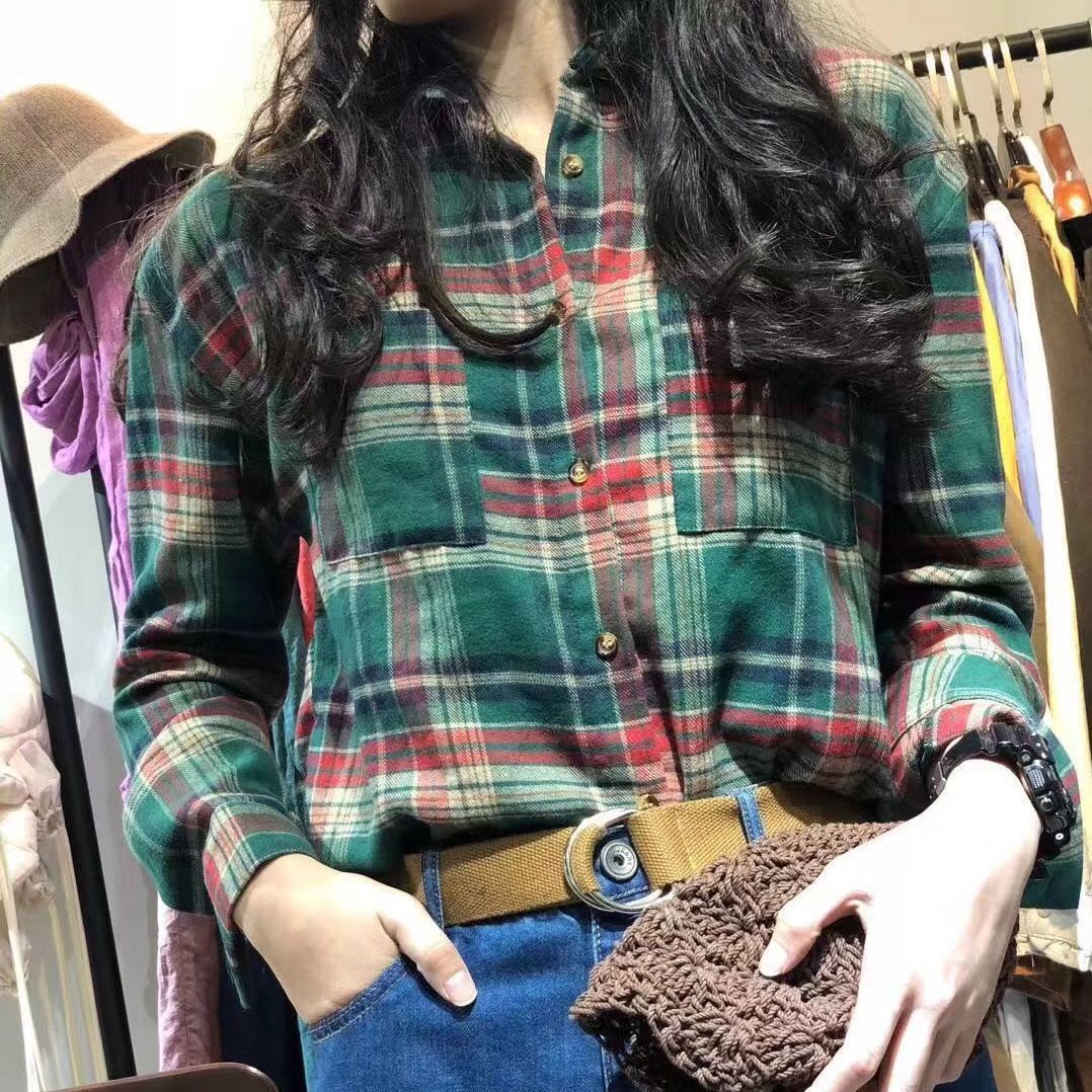 春秋新款彩色時尚個性復古港風格子襯衫女寬鬆休閒設計感長袖襯衣