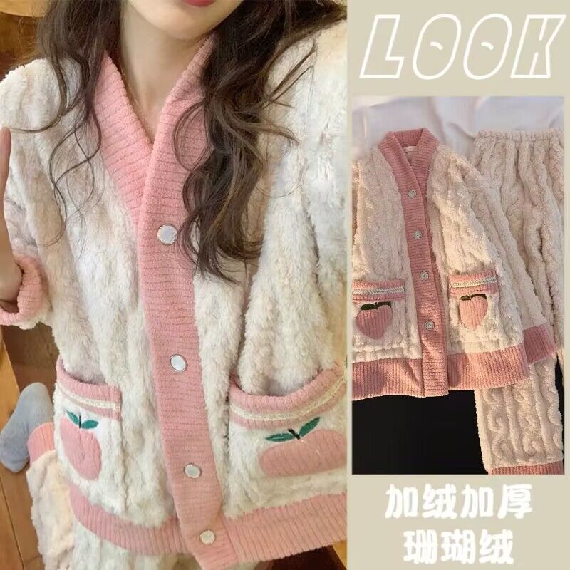 冬季睡衣女珊瑚絨加絨加厚保暖套裝簡約學生慵懶風甜美法式家居服