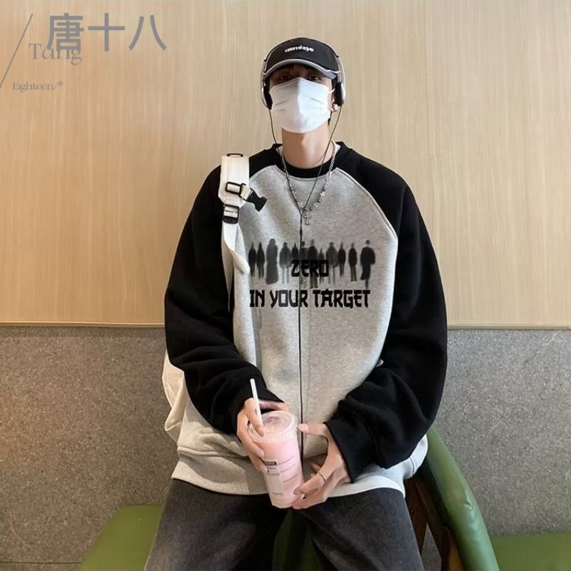 美式復古插肩袖圓領衛衣男cleanfit酒紅色情侶裝高街外套春秋季潮