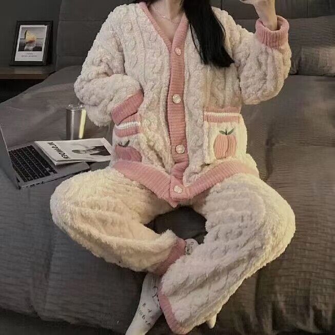 睡衣女秋冬季韓版甜美ins水蜜桃少女心珊瑚絨加厚加絨保暖家居服