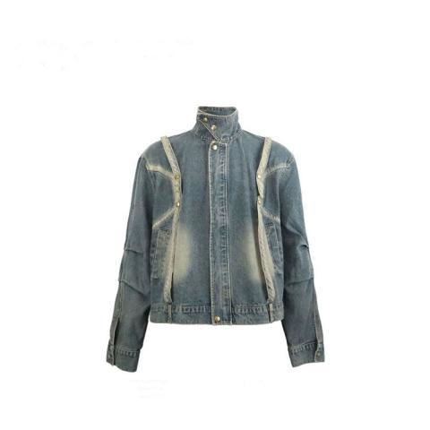 Original niche pioneer design pleated denim jacket for men retro washed stand collar loose short jacket top