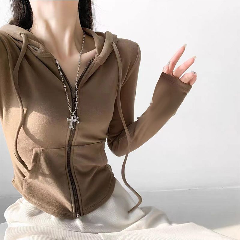 Hot girl style hooded cardigan sweatshirt jacket for women spring and autumn new slim slim long-sleeved short top