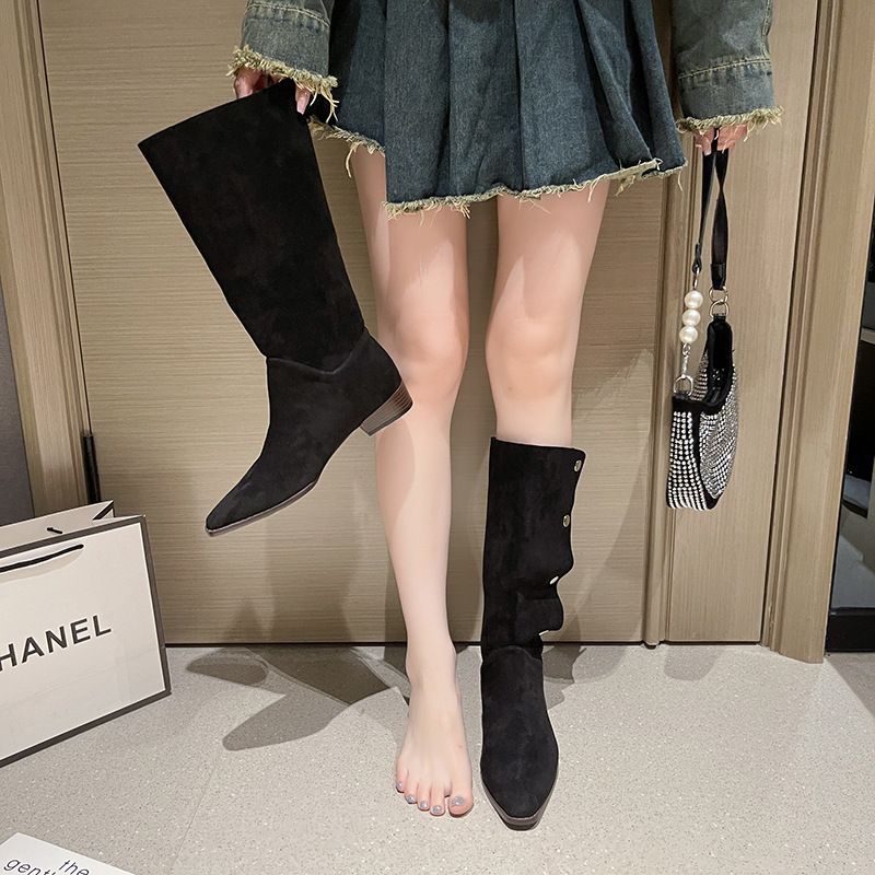 2023年秋冬新款騎士靴女復古堆堆靴尖頭粗跟中筒西部牛仔瘦瘦靴女