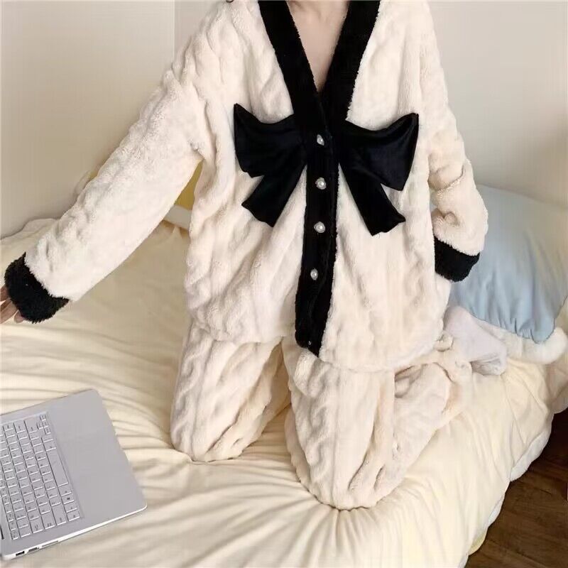 珊瑚絨冬季睡衣女加厚加絨法蘭絨甜美學生韓系家居服套裝小眾