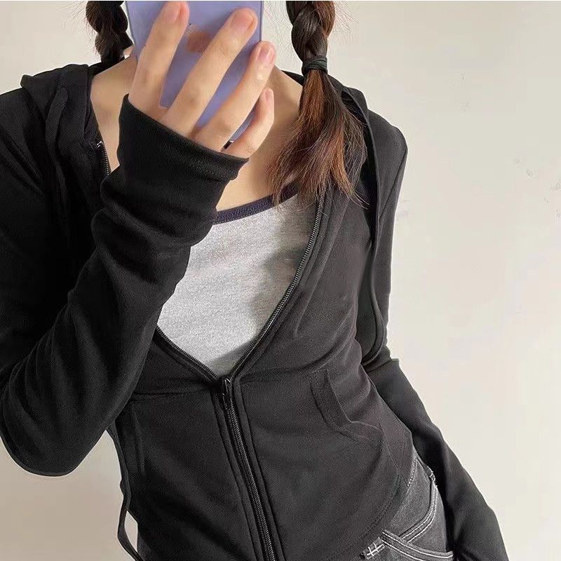 Hooded sweatshirt jacket for women spring and autumn high-end German velvet slim casual slim long-sleeved short top hot girl style