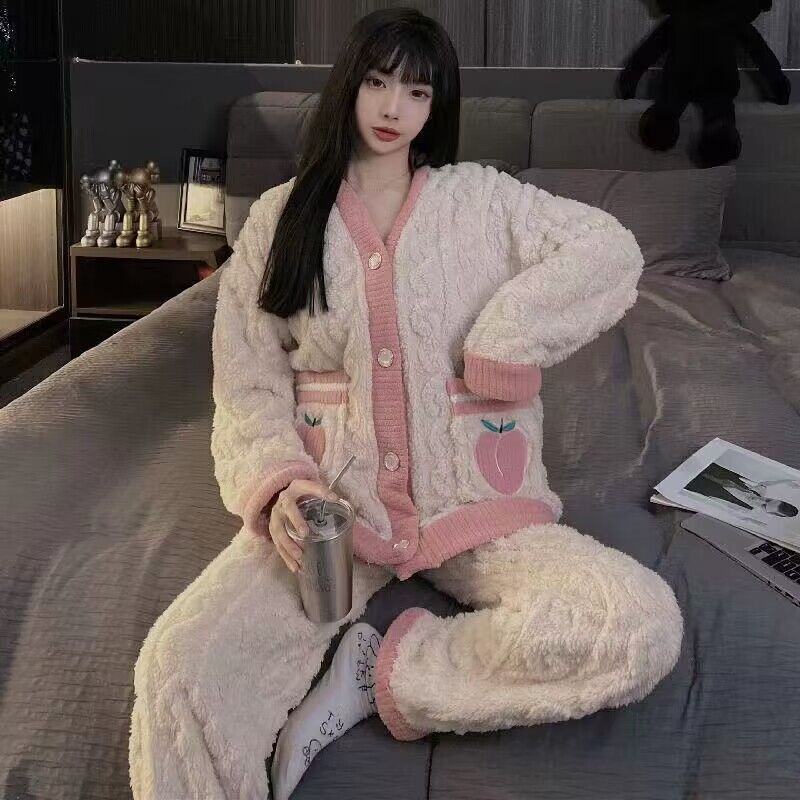 冬季珊瑚絨睡衣女秋冬新款加厚加絨冬款可愛法蘭絨家居服冬天套裝