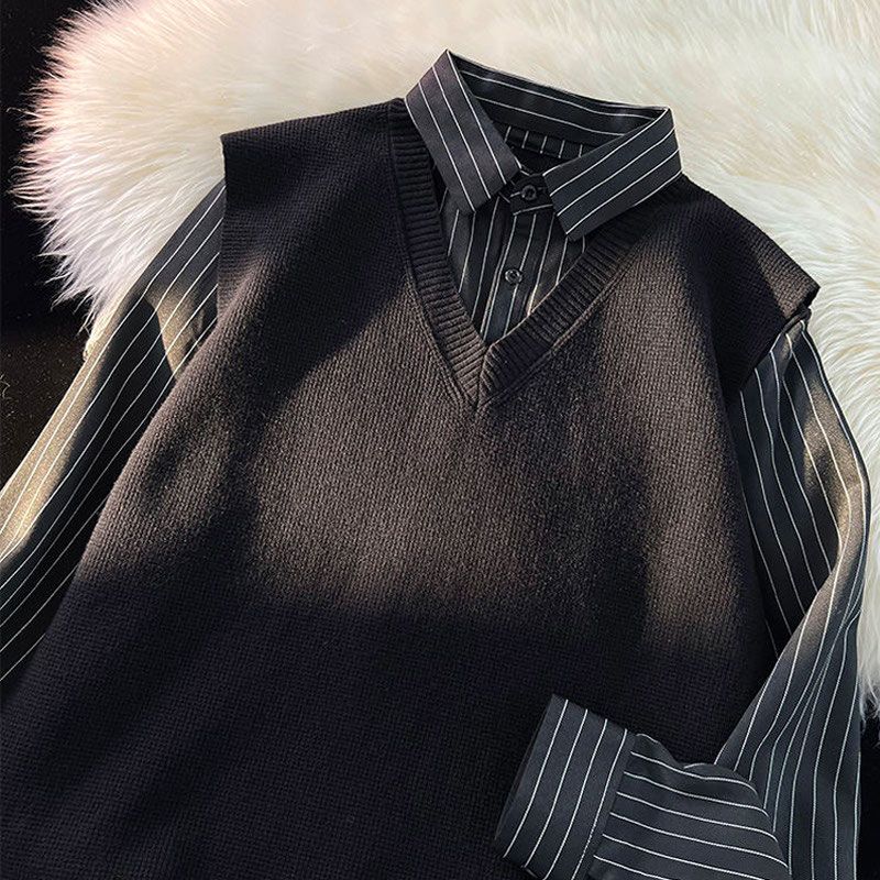 Chaleco de punto y camisa para hombre estilo británico chic_voghion.com