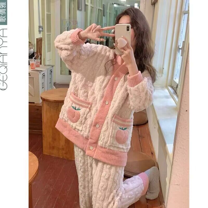 秋冬季睡衣女珊瑚絨加厚加絨保暖可愛水蜜桃新款法蘭絨家居服套裝