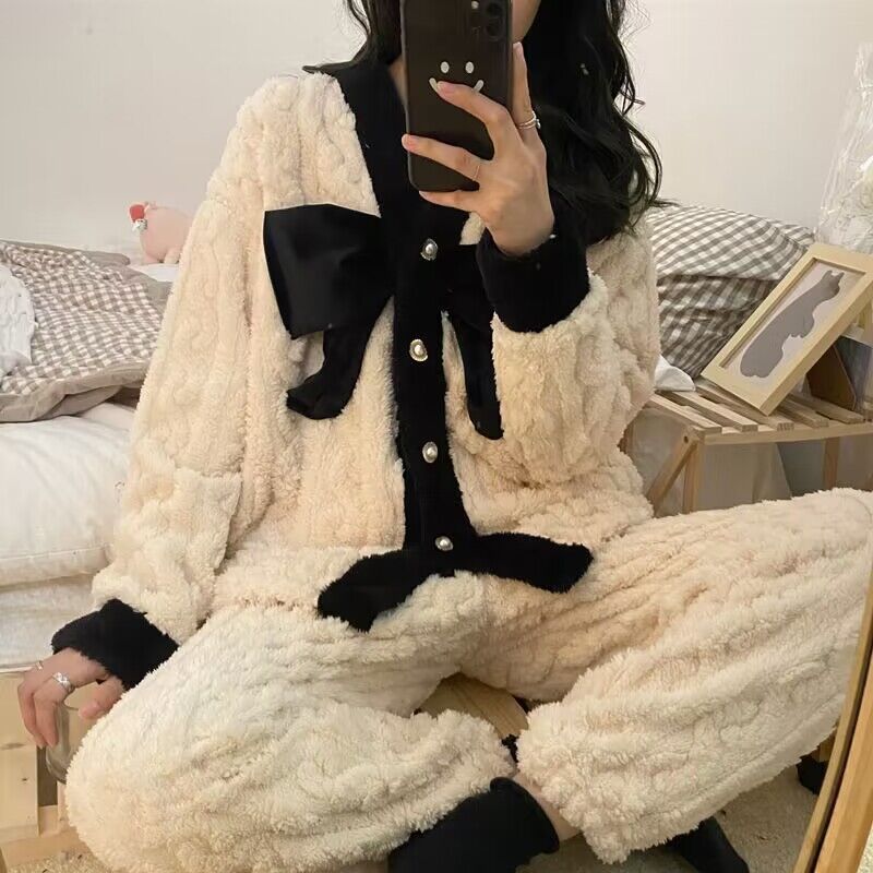 秋冬小香風珊瑚絨睡衣女款2023新款法蘭絨加絨加厚大碼家居服外穿