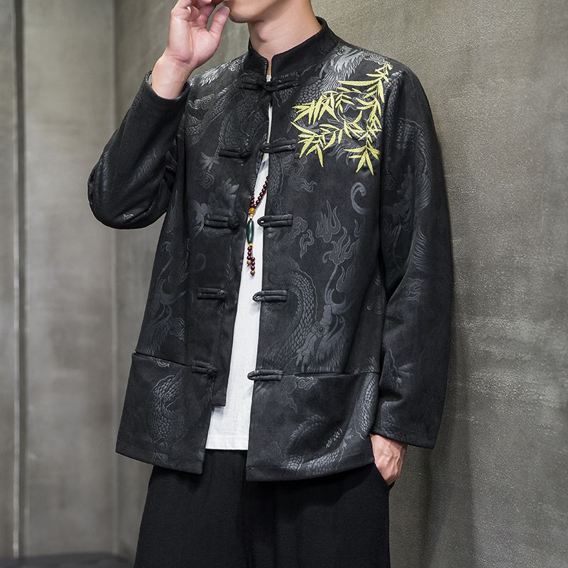 秋冬中國風刺繡男裝麂皮絨寬鬆盤扣大碼漢服中式復古夾克潮流外套