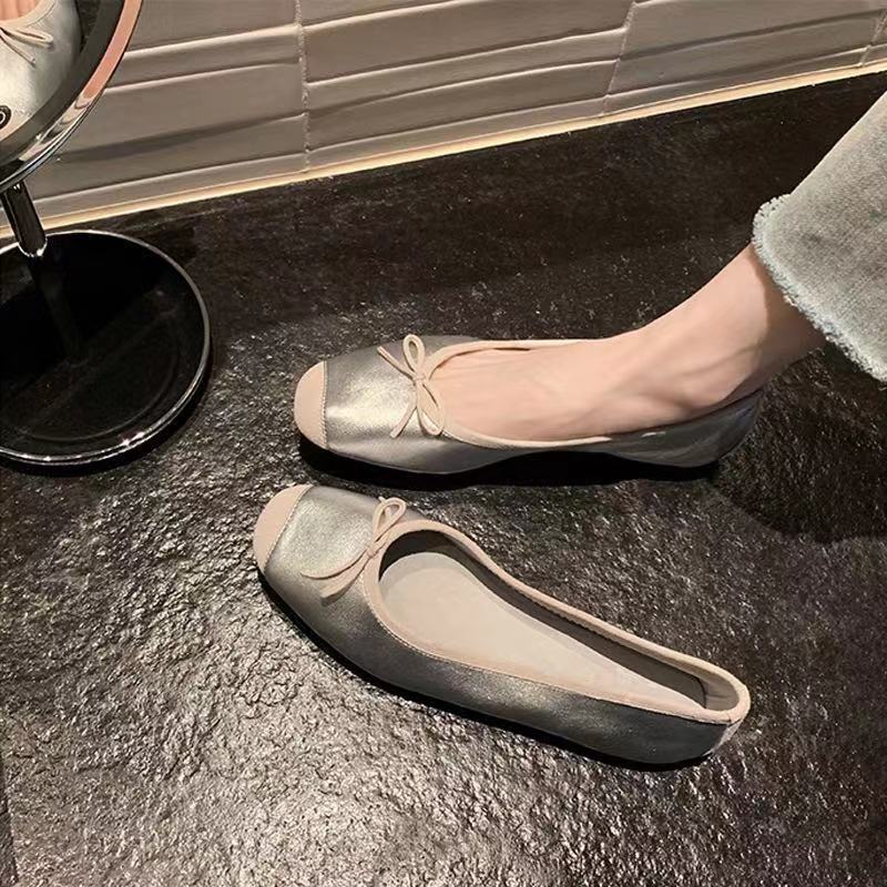 2023夏季新款女方頭淺口平底單鞋甜美蝴蝶結平底芭蕾舞鞋奶奶鞋女