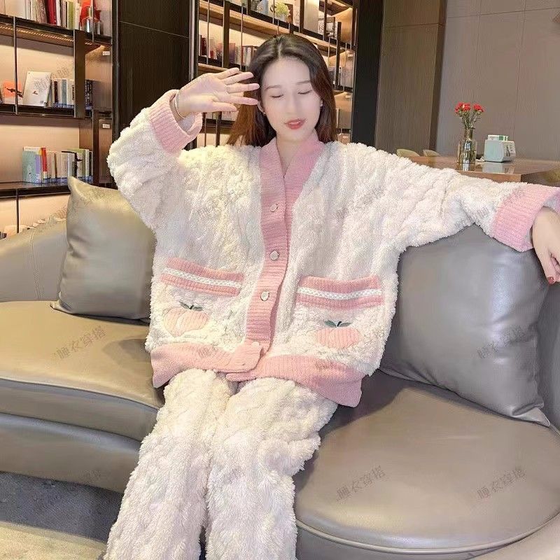 新款ins珊瑚絨睡衣女秋冬季加絨加厚法蘭絨家居服套裝冬天可外穿