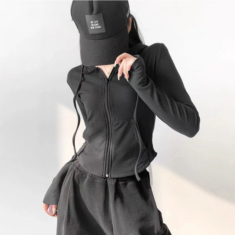 DeRong Hot Girl Style Hooded Cardigan Sweater Jacket Women's Spring and Autumn Slim Waist Slim Long Sleeve Short Top Trendy