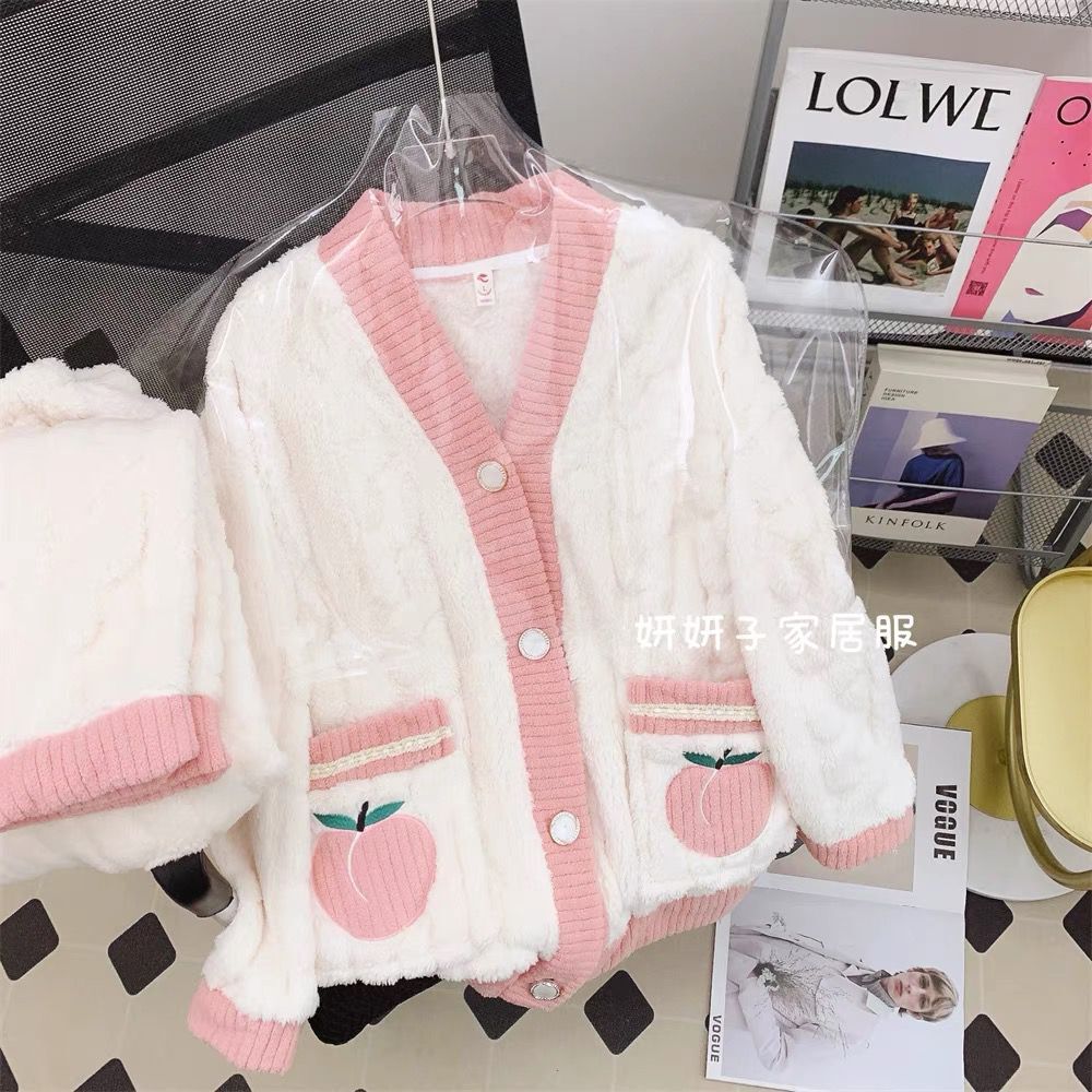睡衣女秋冬新款ins風可愛珊瑚絨加絨加厚可外穿法蘭絨家居服套裝