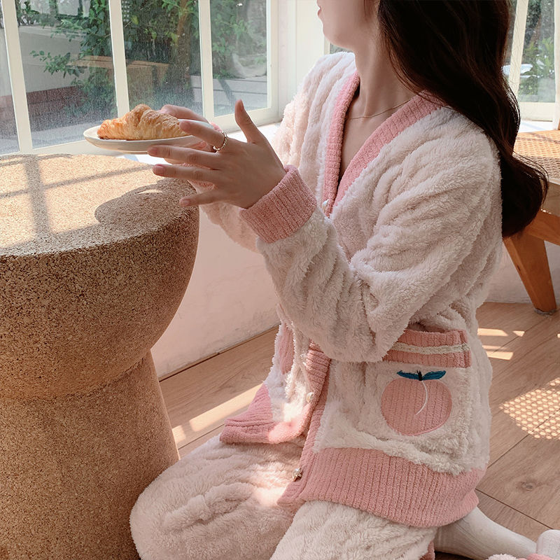 珊瑚絨睡衣女秋冬季長袖蝴蝶結提花加厚保暖少女甜美家居服兩件套