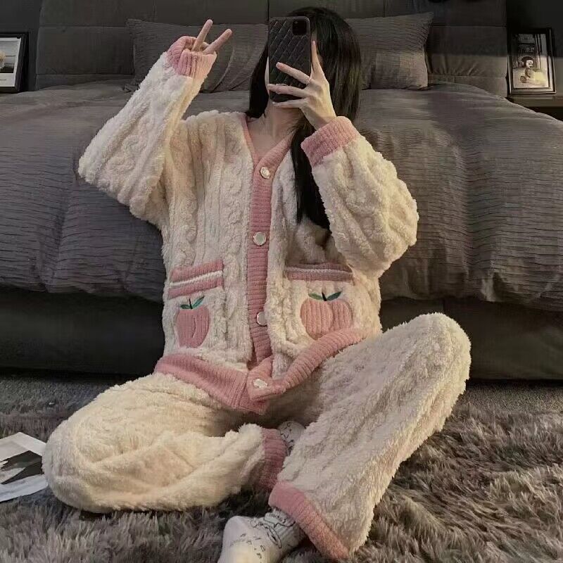 睡衣女秋冬季珊瑚絨加厚保暖韓版開衫卡通可愛可外穿家居服套裝女