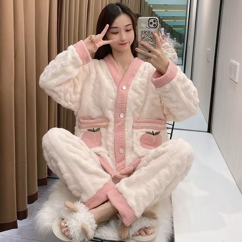 珊瑚絨睡衣女秋冬ins甜美加絨加厚法蘭絨可愛學生宿舍家居服套裝