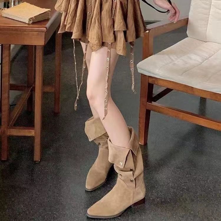 長筒西部騎士女靴女葡萄媽2023秋冬新款辣妹翻領褶皺堆堆靴尖頭中
