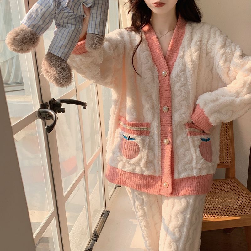 秋冬小香風珊瑚絨睡衣女款2023新款法蘭絨加絨加厚大碼家居服外穿