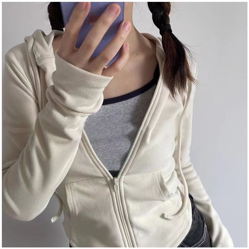 DeRong Hot Girl Style Hooded Cardigan Sweater Jacket Women's Spring and Autumn Slim Fit Long Sleeve Short Top for Little People