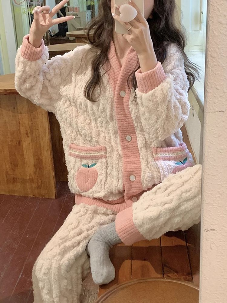睡衣女士秋冬季珊瑚絨開衫大碼法蘭絨加絨加厚兩件套可外穿家居服