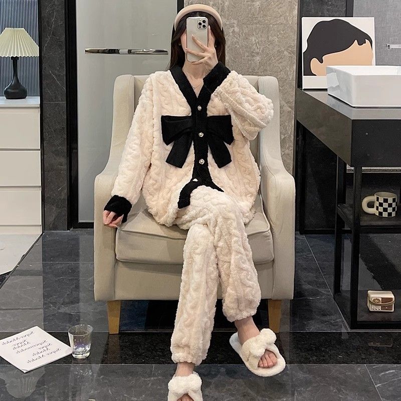 冬季睡衣女加厚珊瑚絨水蜜桃開衫ins法蘭絨套裝家居服外穿宿舍
