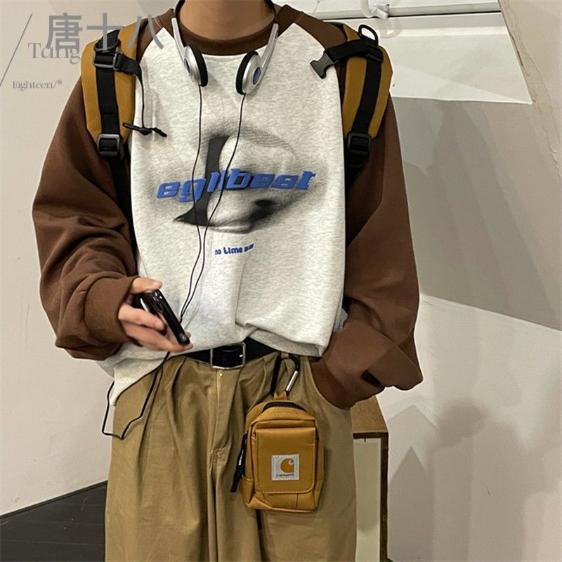 美式復古虛影印花字母衛衣男拼接長袖潮圓領寬鬆套頭休閒連肩上衣