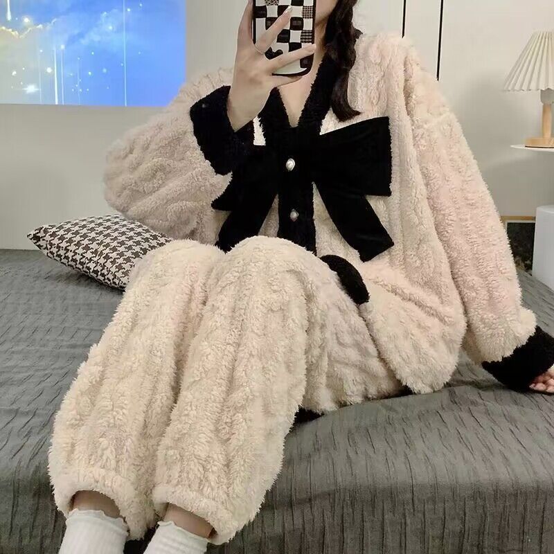 珊瑚絨睡衣女冬季加絨加厚法蘭絨2023年新款可外穿春秋家居服套裝