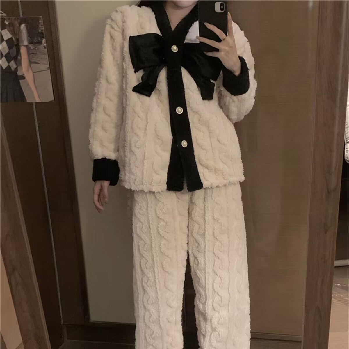 秋冬季加厚款珊瑚絨睡衣女套裝家居服加絨可愛法蘭絨長袖開衫大碼