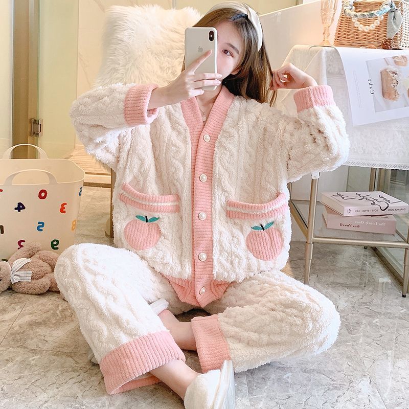 珊瑚絨睡衣女秋冬新款加厚加絨法蘭絨甜美學生家居服可外穿套裝