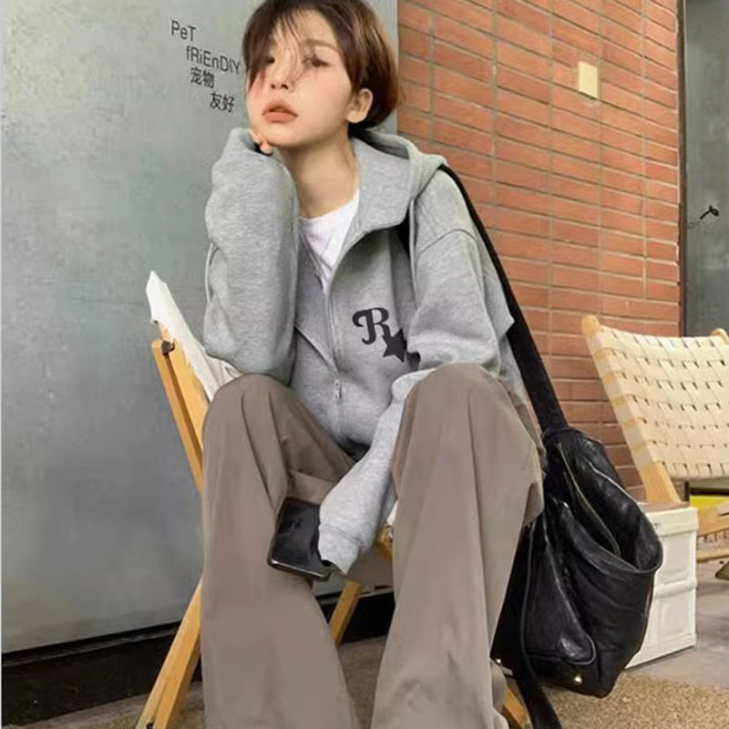 100%重磅純棉開衫衛衣外套女2023新款春秋連帽上衣寬鬆情侶裝衣服