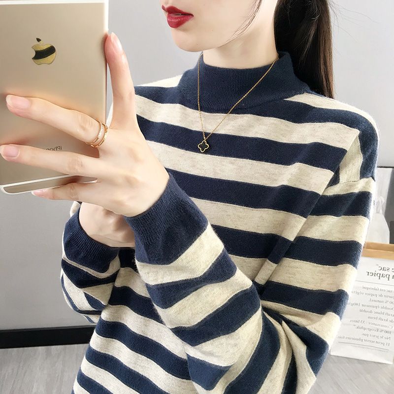 加厚毛衣女2023年秋冬新款韓版寬鬆洋氣百搭條紋內搭外穿打底