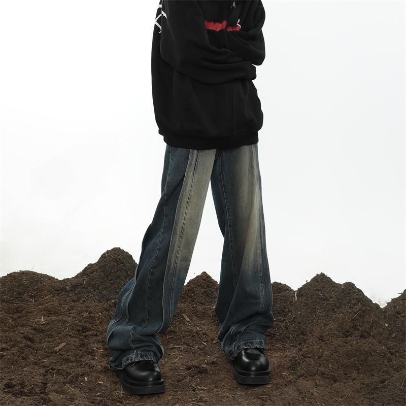 MaxDstr American retro high street splicing design jeans for men with loose stacking straight wide-leg long pants