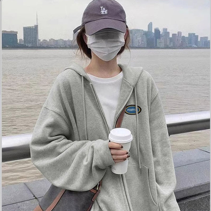 100%重磅純棉灰色連帽衛衣女2023春秋開衫寬鬆百搭大碼拉鏈外套潮