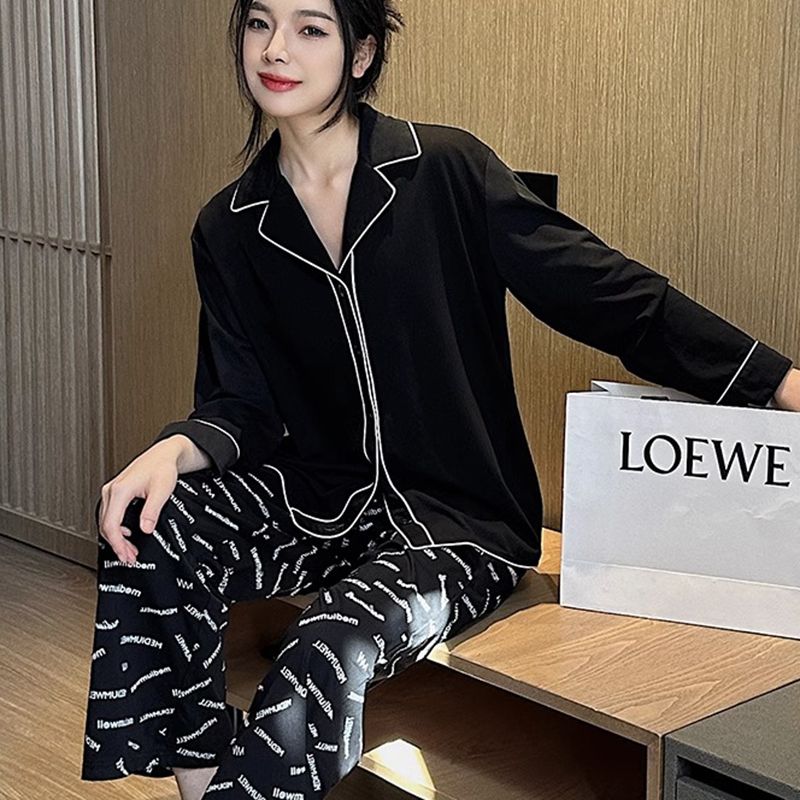 韩版睡衣女春秋2023年黑色家居服长袖套装女款甜美可外穿两件套