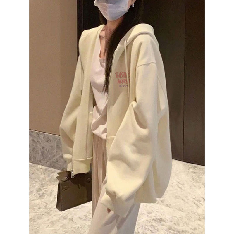100%重磅純棉開衫衛衣女春秋2023新款大碼寬鬆百搭拉鏈連帽外套潮