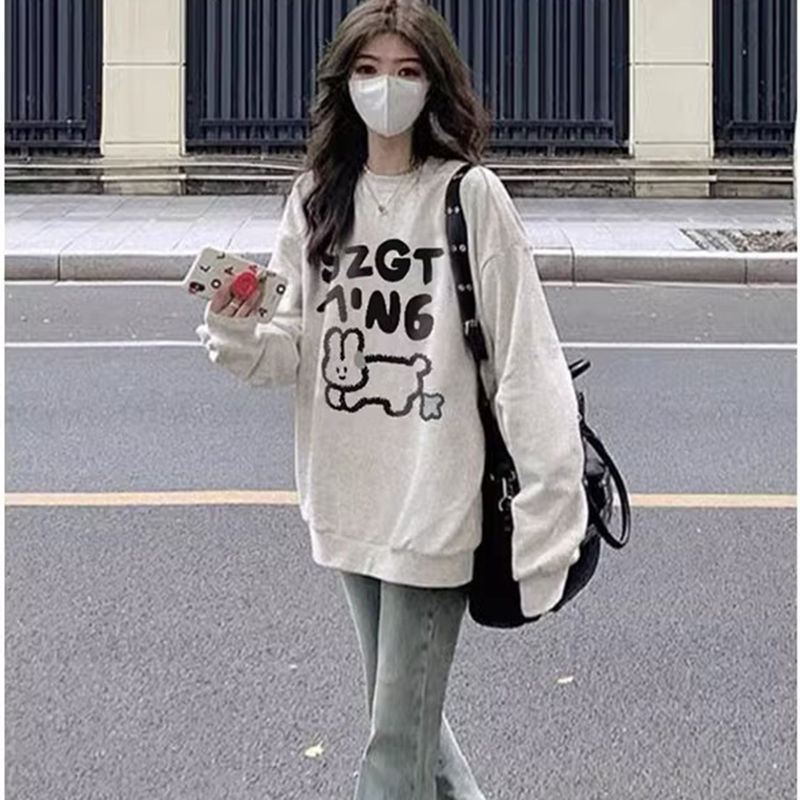 100%重磅純棉美式復古灰色正肩衛衣女秋冬2023新款慵懶寬鬆上衣潮