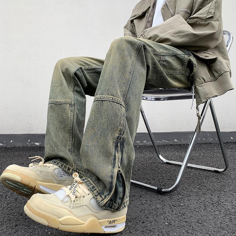 American retro yellow mud-dyed jeans for men spring and autumn new hiphop handsome street slim straight pants