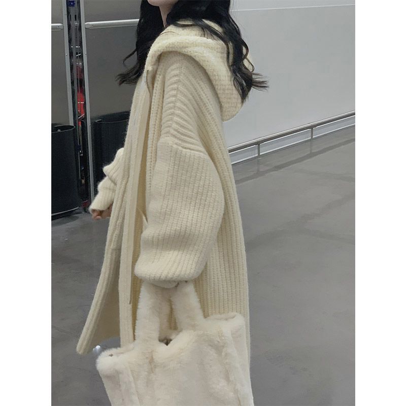 大碼時尚溫柔系連帽毛衣女秋冬外套韓版氣質穿搭加厚長款針織開衫