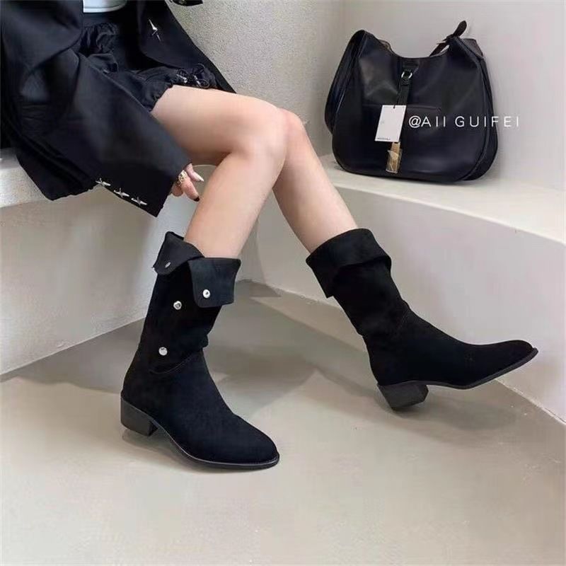 一靴兩穿長筒靴騎士靴西部堆堆靴女2023夏中筒粗跟尖頭褶皺大碼41